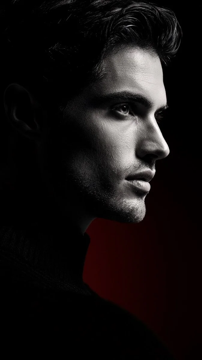 A monochrome side profile portrait emerges from deep black shadow