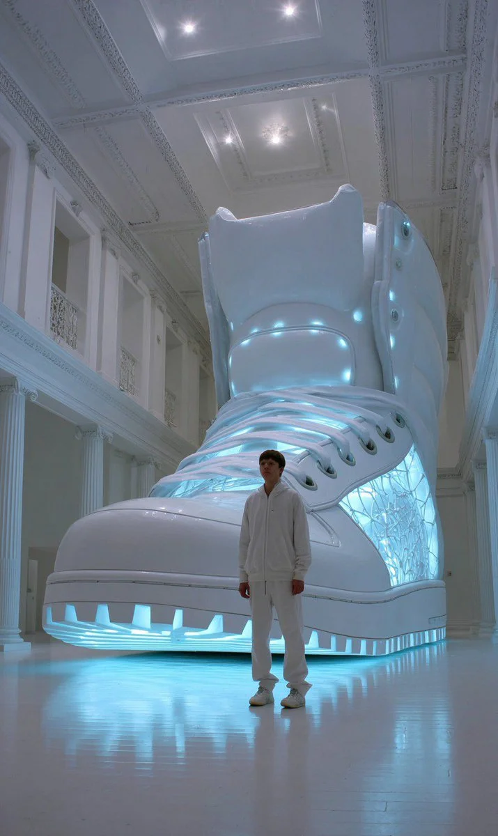 A monolithic glowing sneaker towers over a lone figure