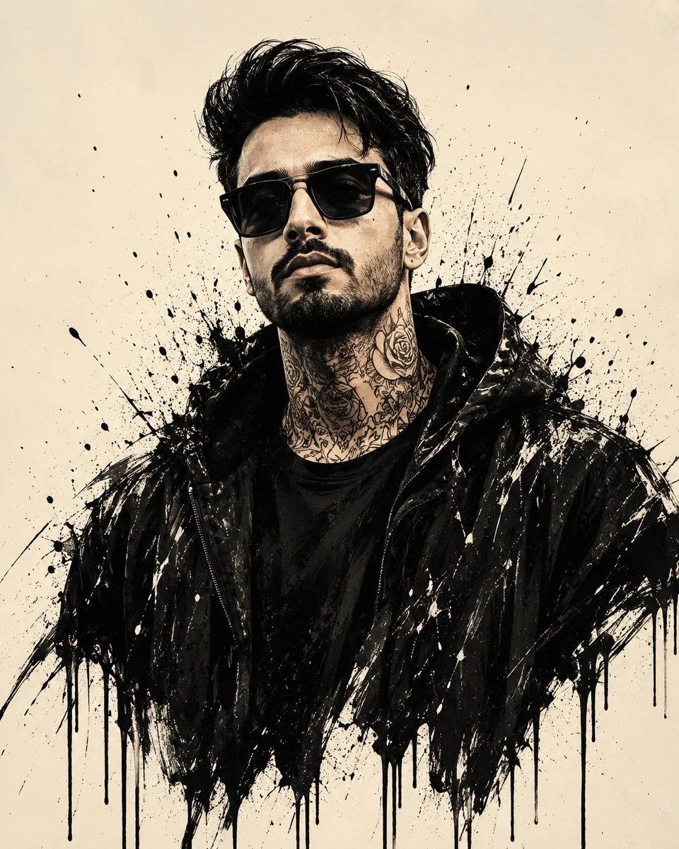 A moody ink-splash portrait shows a face in sunglasses and hoodie.