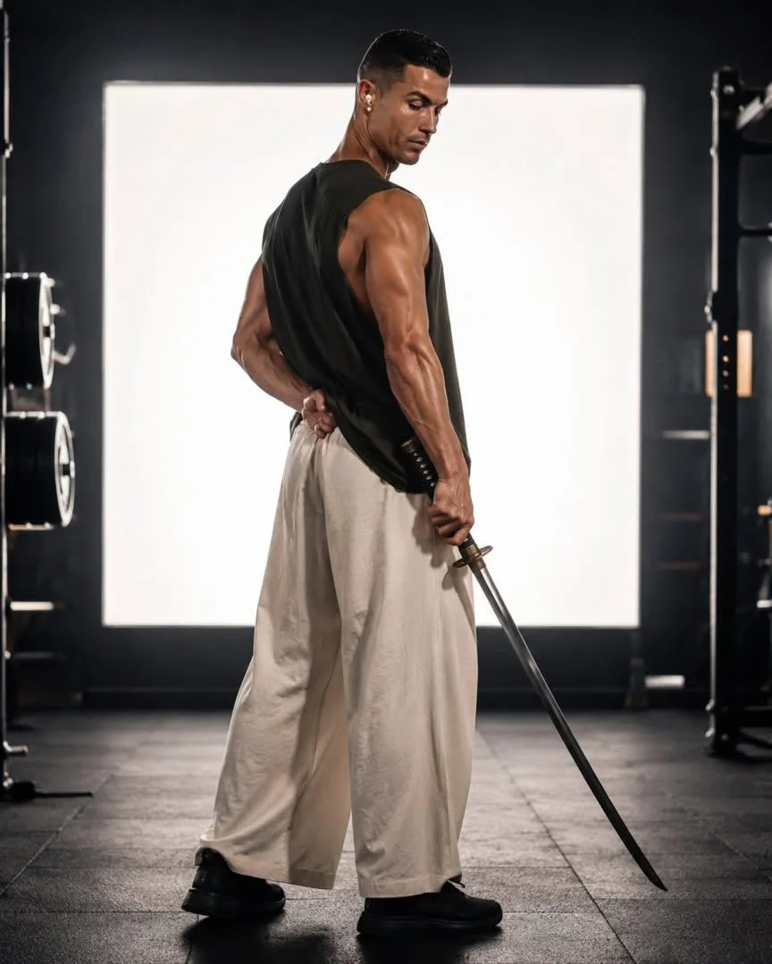 A muscular man in a gym turns his head while holding a katana