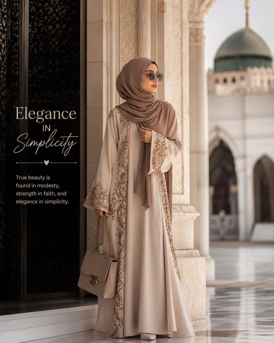 A Muslim woman poses in a sunlit courtyard wearing an elegant beige abaya