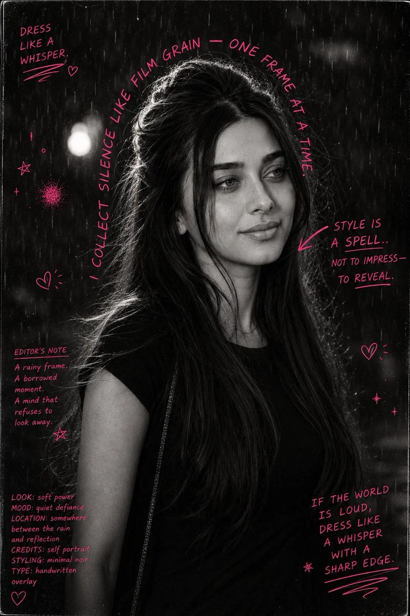 A mysterious figure stands in rain with neon pink annotations