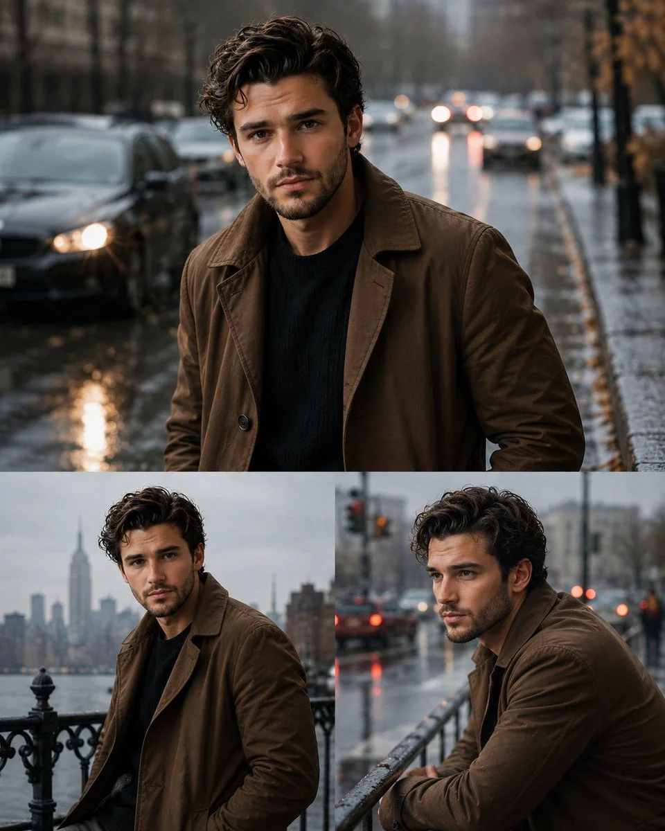 A mysterious man in a brown jacket poses across three rainy city panels