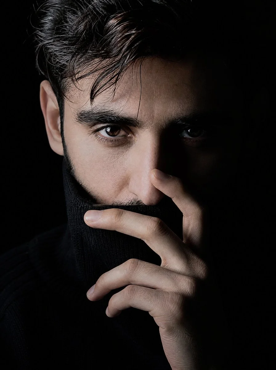 A mysterious man with intense dark eyes peers through shadow and light