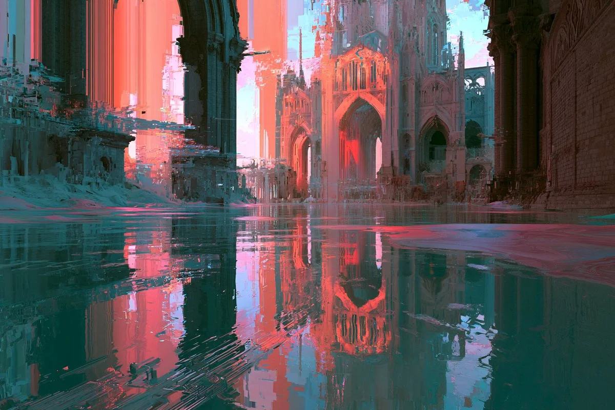 A neon-drenched figure drifts through glitching pastel waves