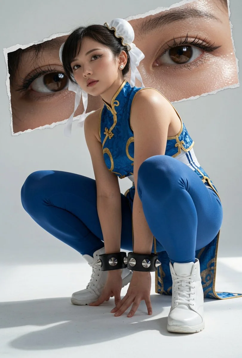A neutral expression on Chun-Li's face with sweat and detailed skin textures