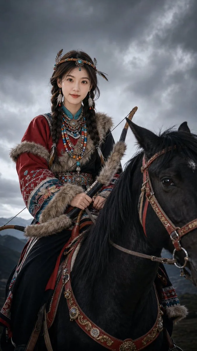 A nomadic archer sits calmly on a black horse under stormy skies