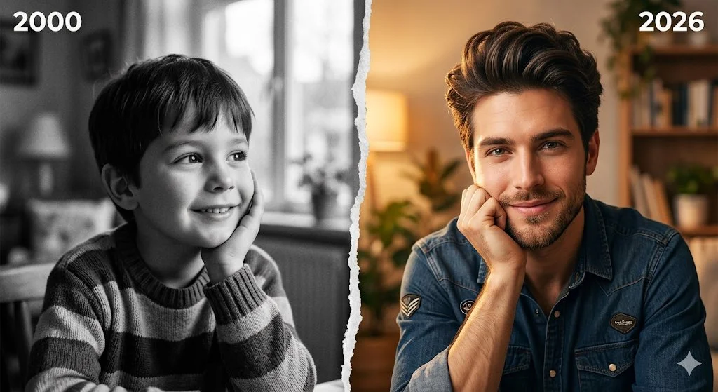 A nostalgic boy transforms into a confident man across time