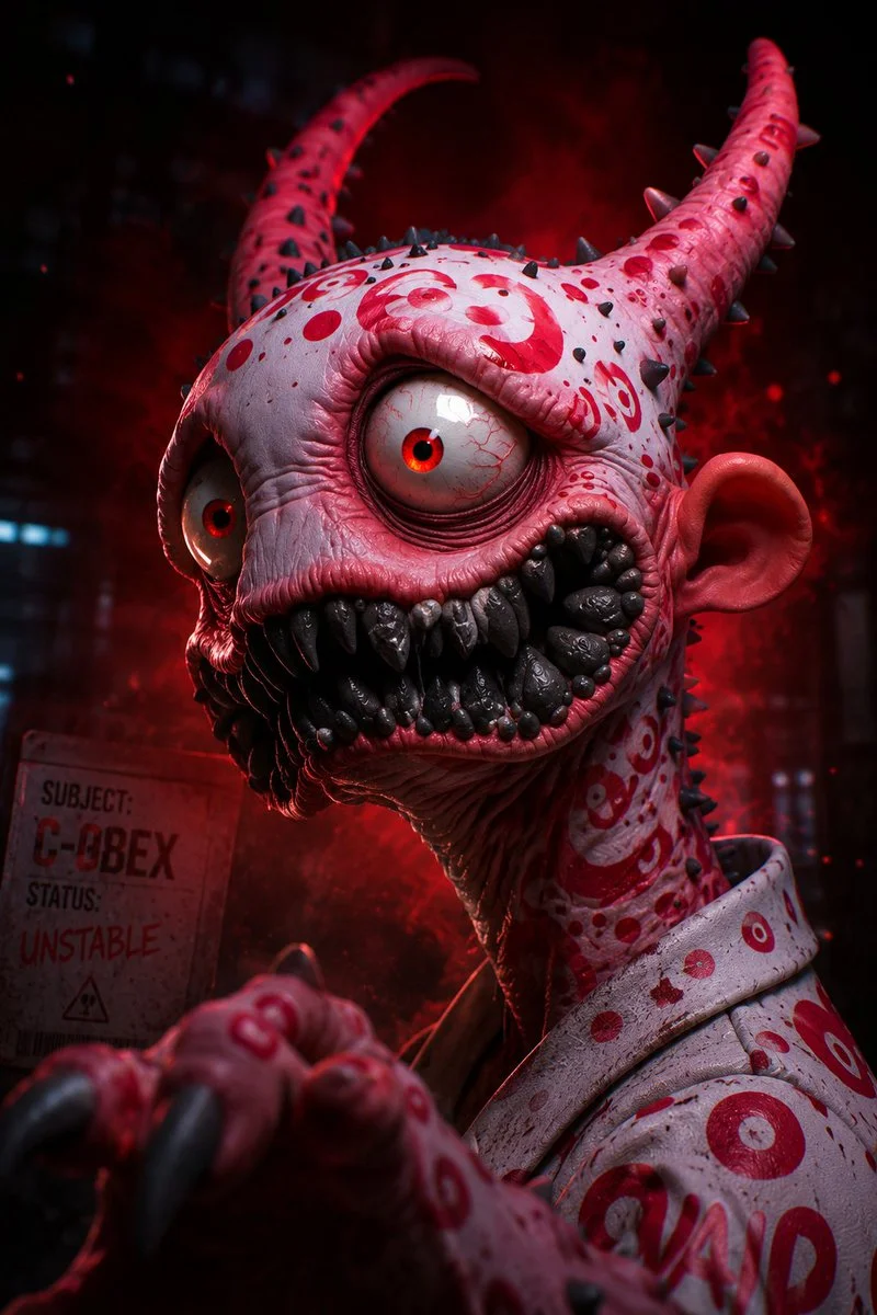 A pale alien with crimson target markings stares from a dark lab