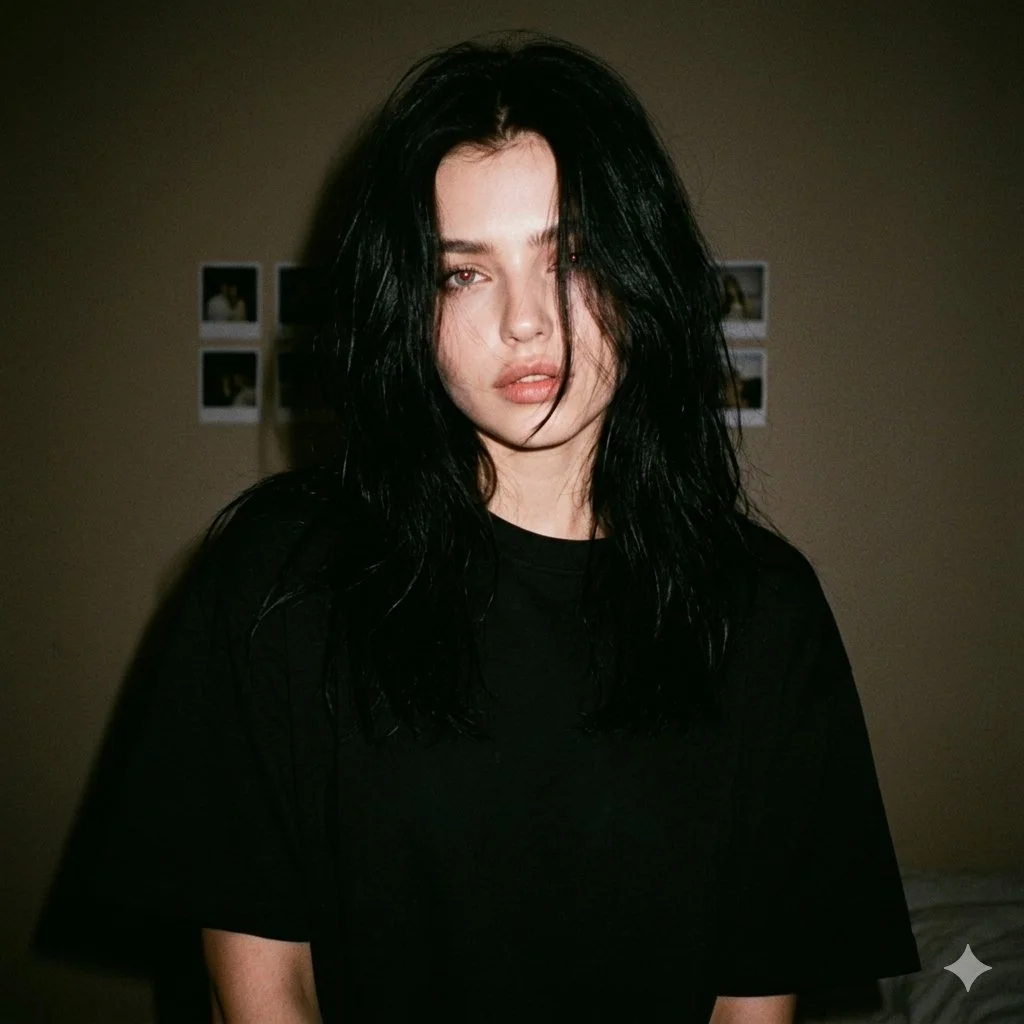 A pale woman with black hair stares calmly in harsh flash