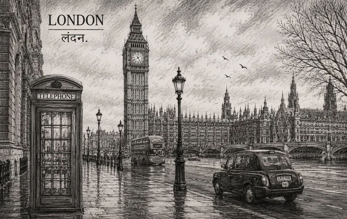 A panoramic pencil sketch connects London and Hong Kong in one artwork.
