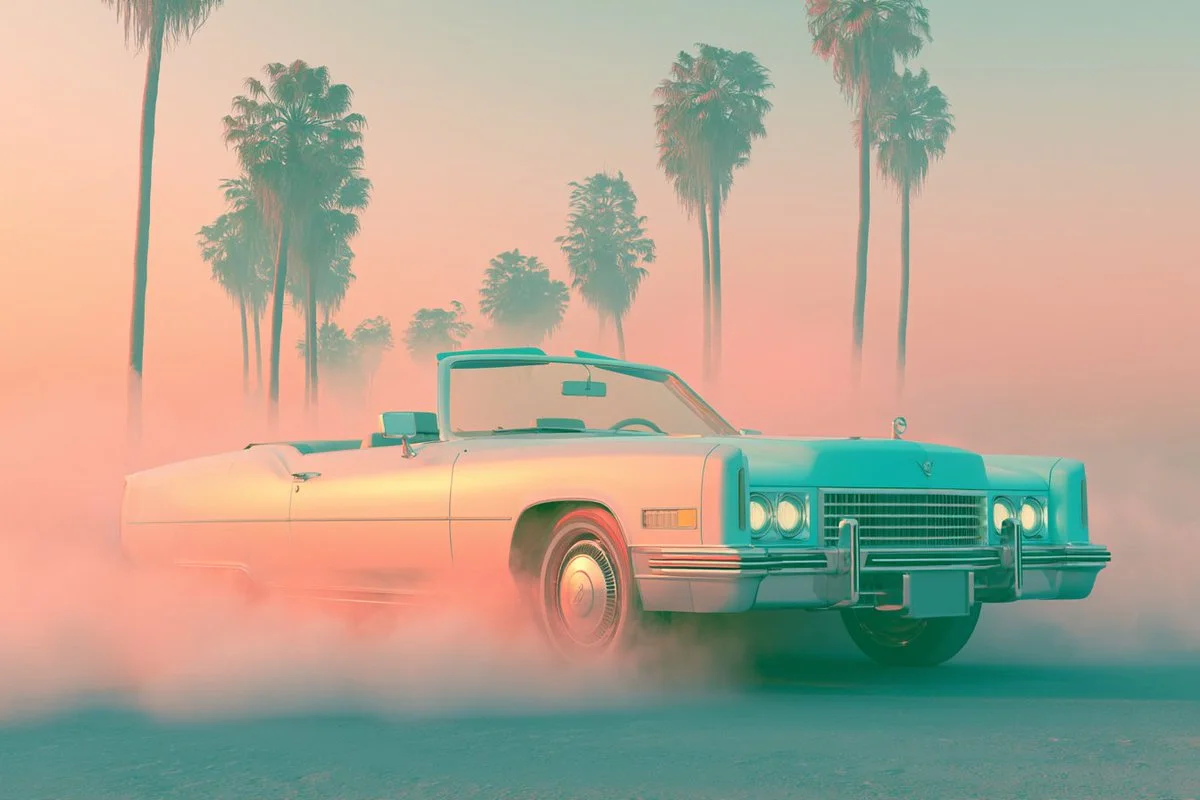 A pastel fog envelops palm trees in a retro-futuristic oasis.