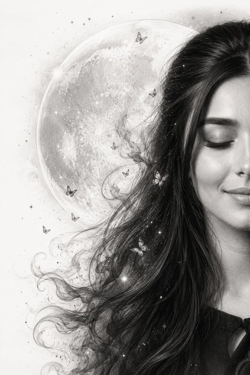 A peaceful half-face portrait dissolves into moonlit graphite butterflies