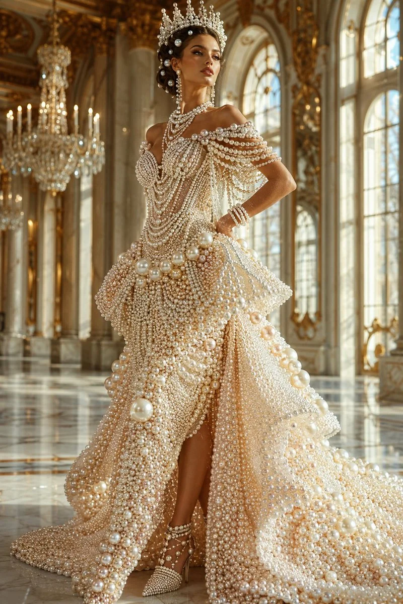 A pearl-clad supermodel stands beneath golden palace light.