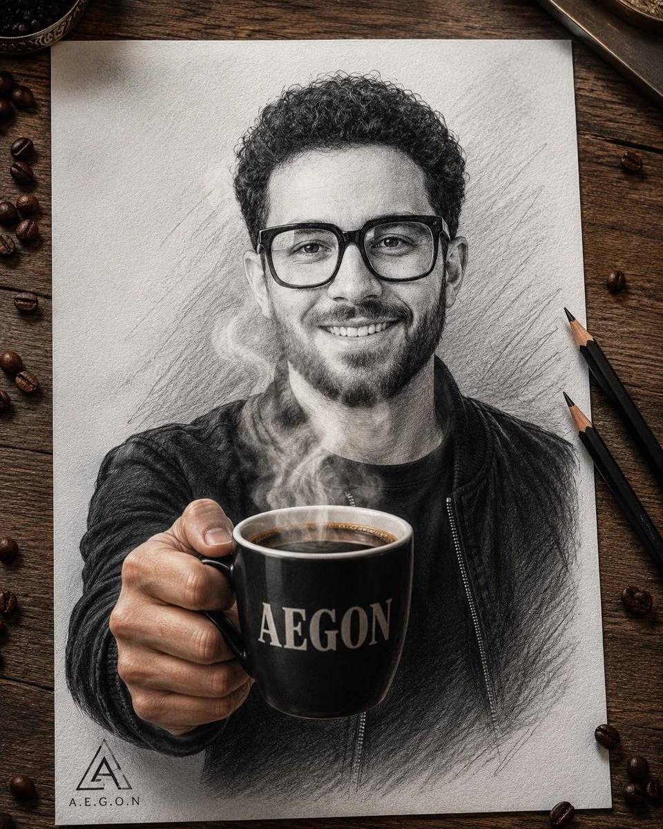 A pencil sketch of a man holding a real coffee mug