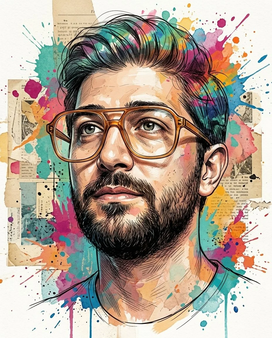 A pensive portrait with oversized glasses and ink splashes.