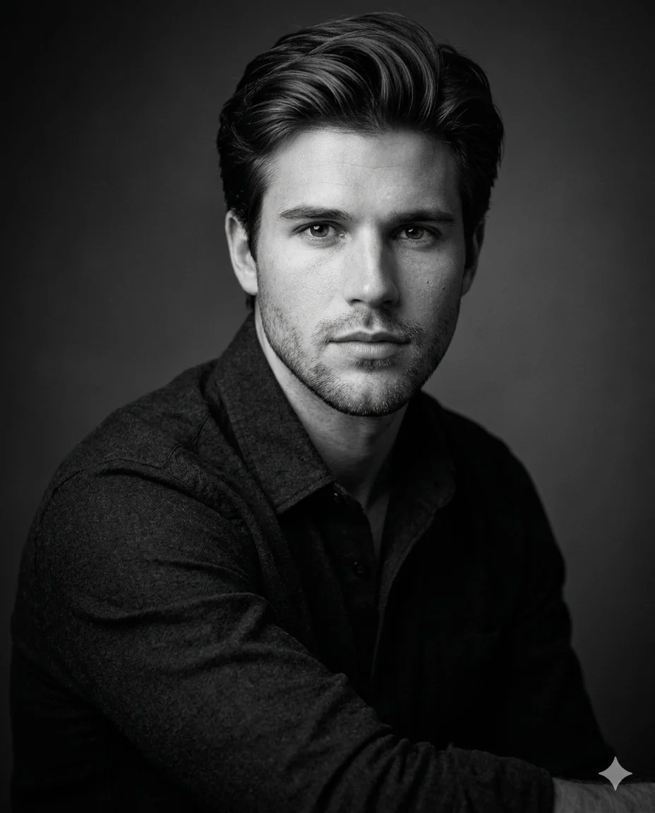 A pensive subject meets the camera in dramatic monochrome studio light.