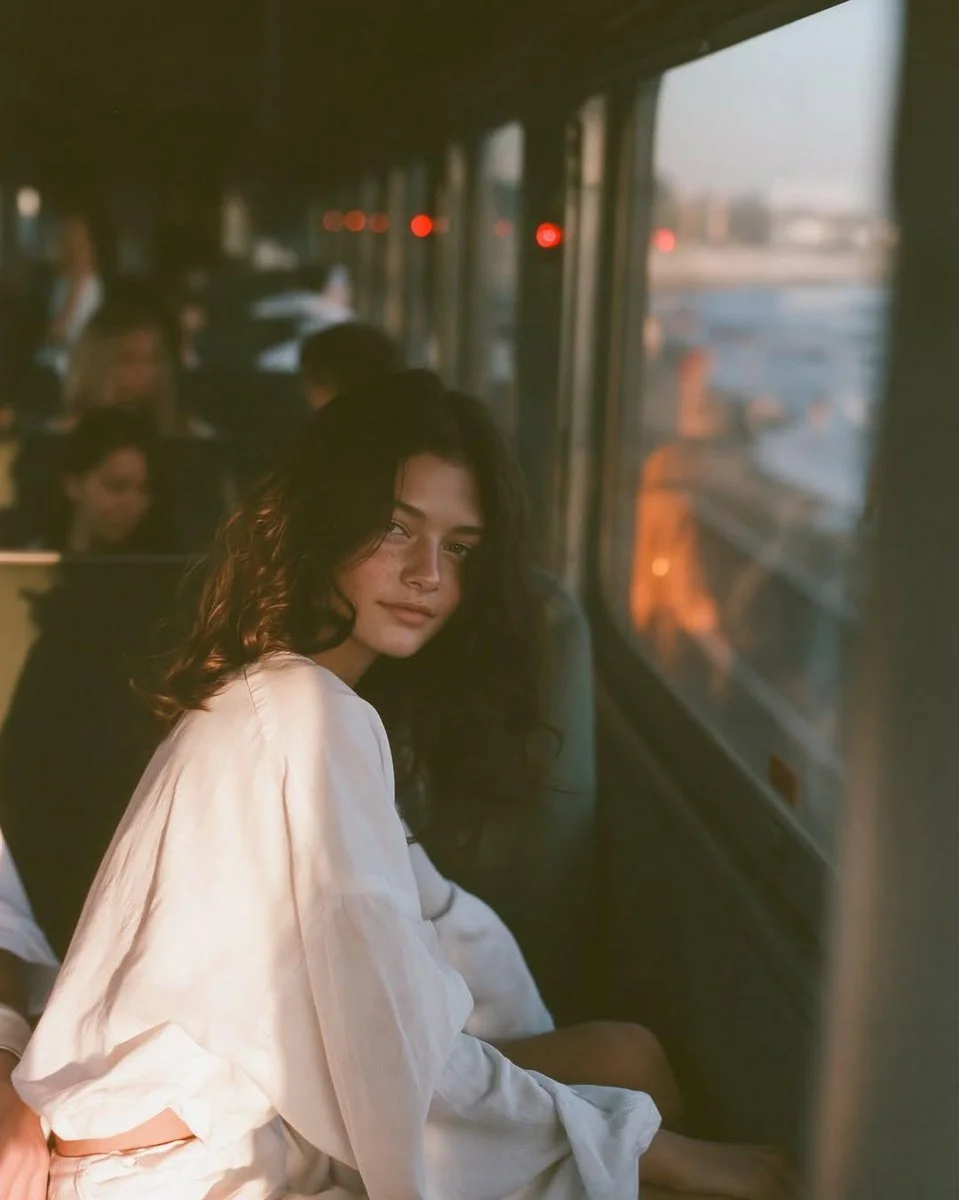 A pensive woman bathes in golden light inside a vintage train carriage