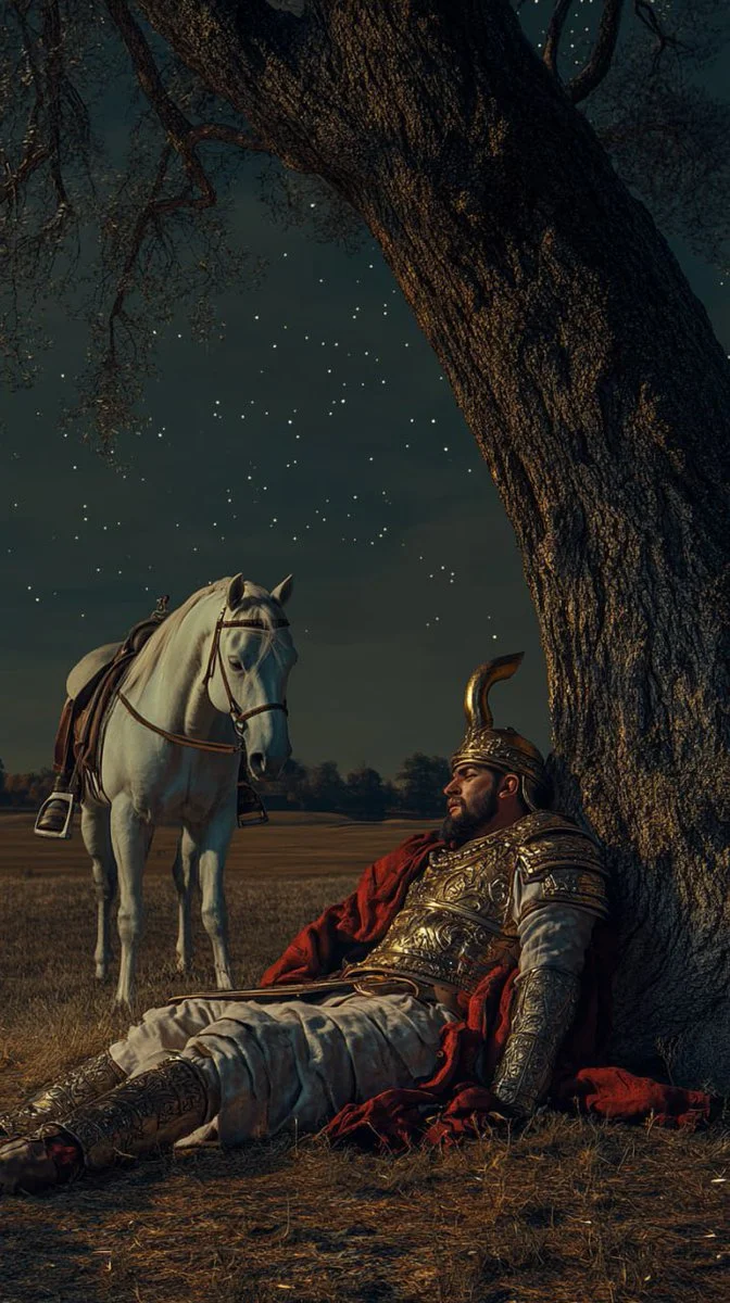 A Persian general sleeps beneath a tree under moonlight sky