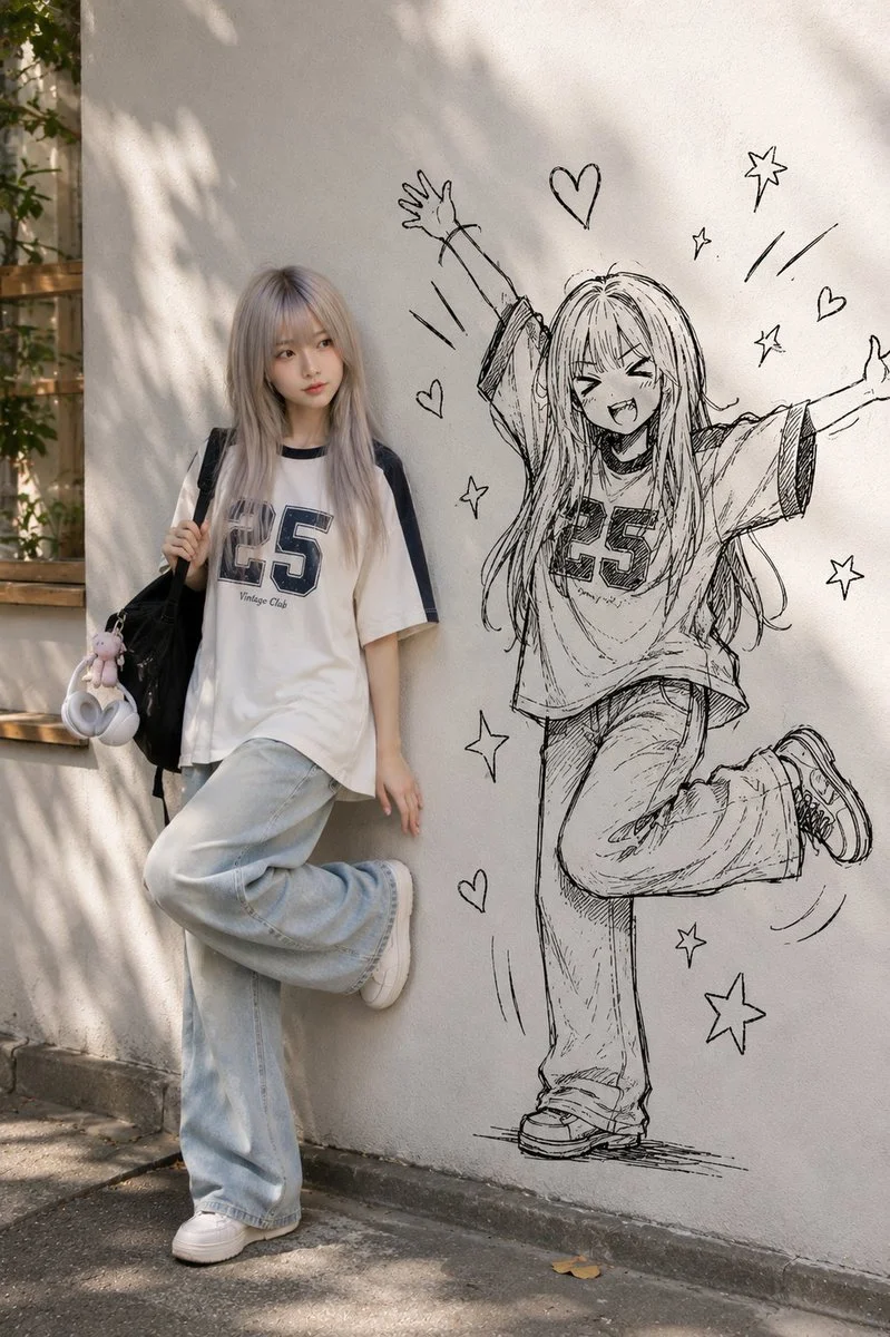 A person stands beside their chaotic ink twin on a wall