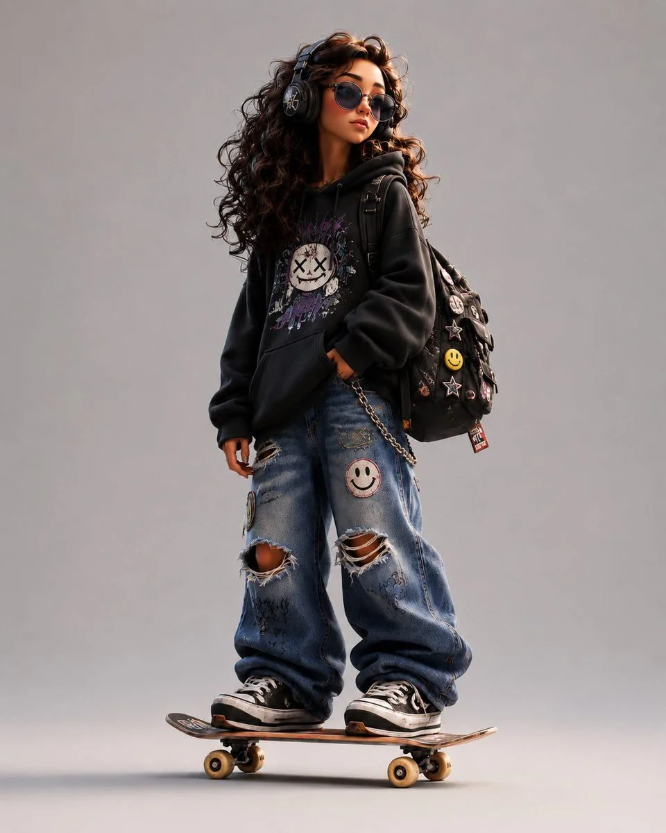 A pink-hoodied skater slouches with tired confidence on a skateboard.