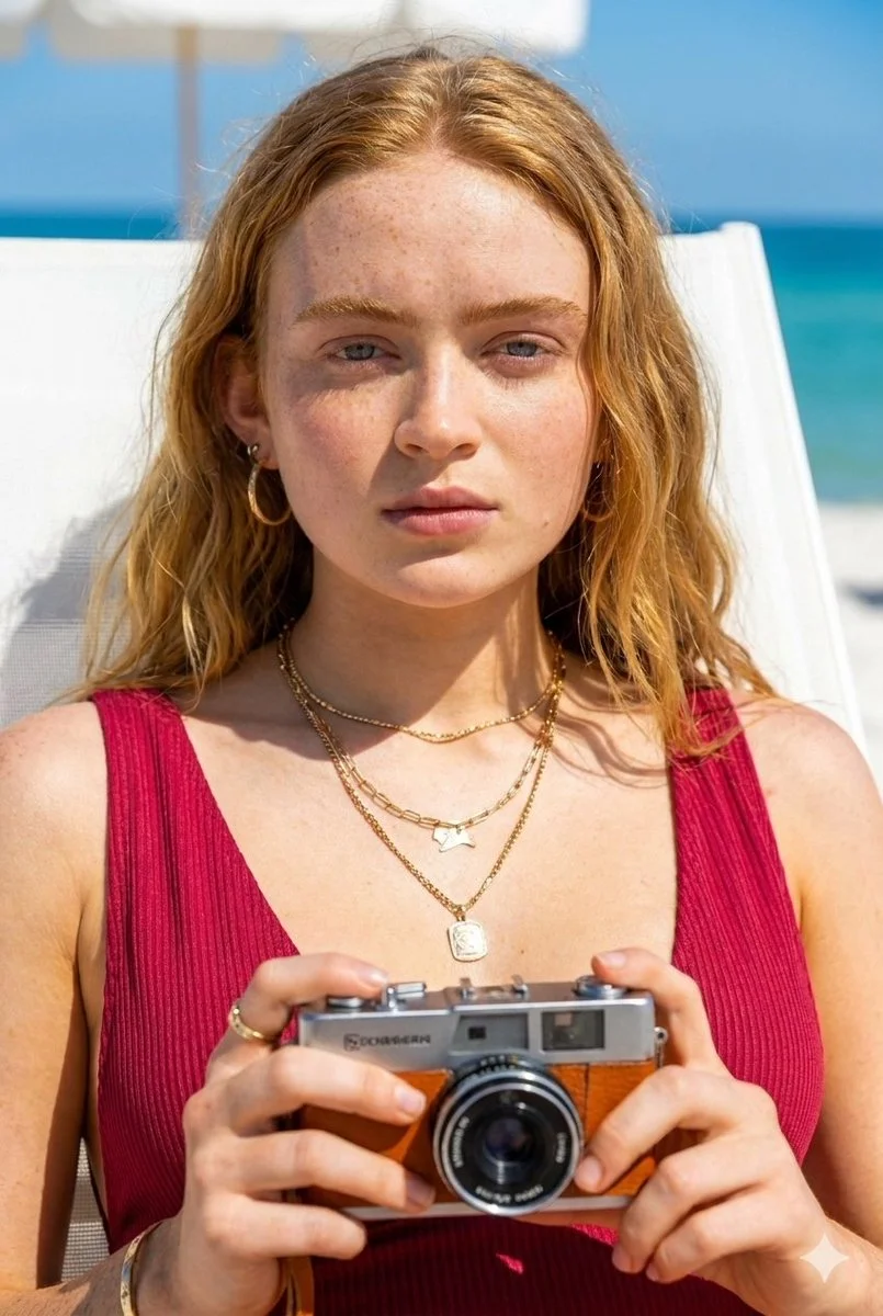 A platinum blonde lounges on white sand in crimson swimwear