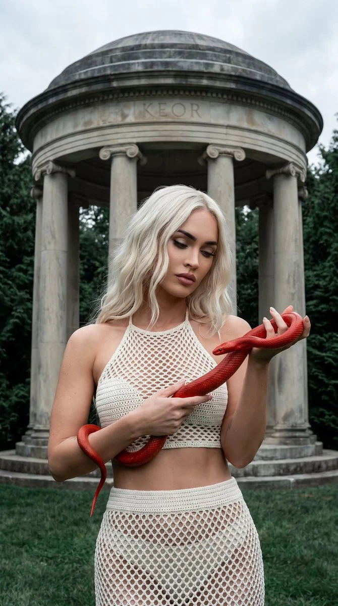 A platinum blonde woman holds a red snake in a neoclassical temple.