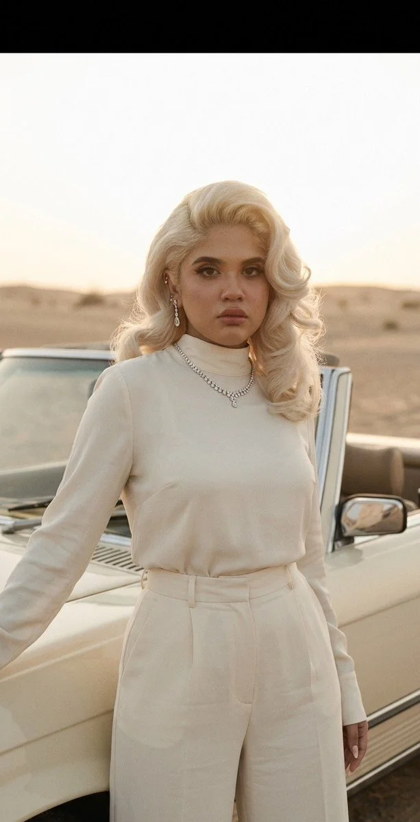 A platinum bombshell poses beside a vintage cream car in warm sunlight.