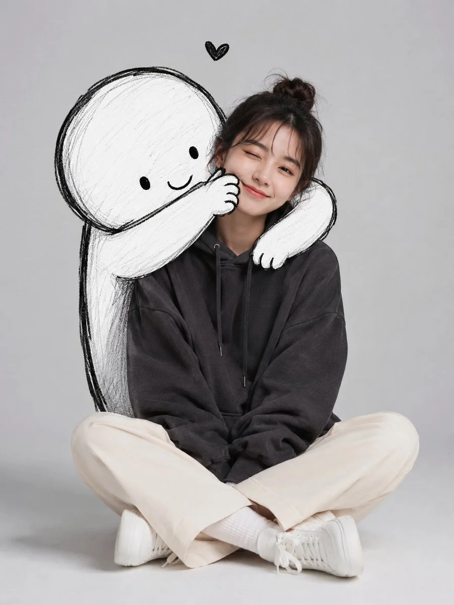 A playful doodle hugs a young woman in a minimalist studio portrait