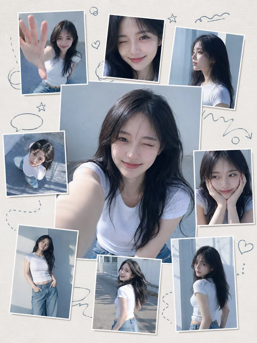 A playful Korean collage poster features a woman in blue jeans