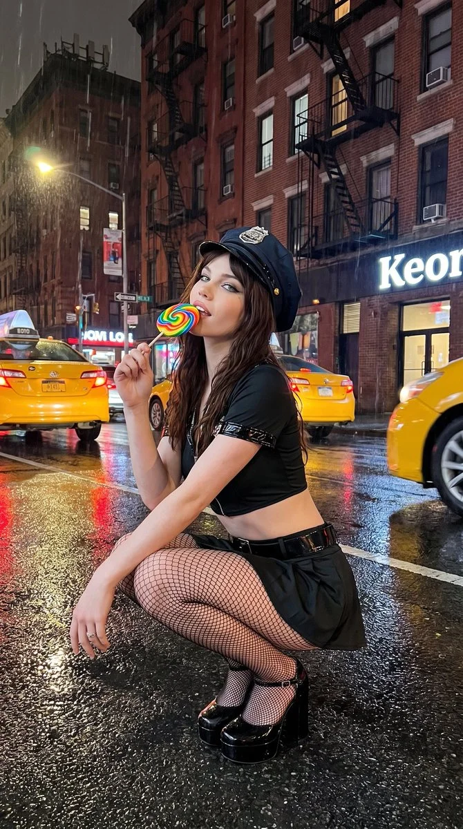 A playful policewoman in fishnets crouches on a rainy New York street.