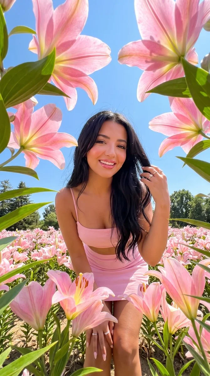 A Playful Summer Portrait Amid Pink Lilies