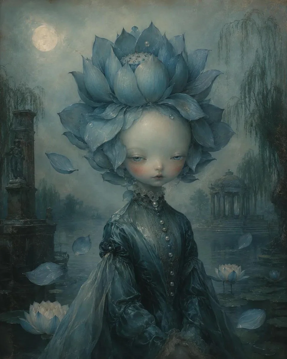 A porcelain rose girl holds a wilting bouquet in twilight
