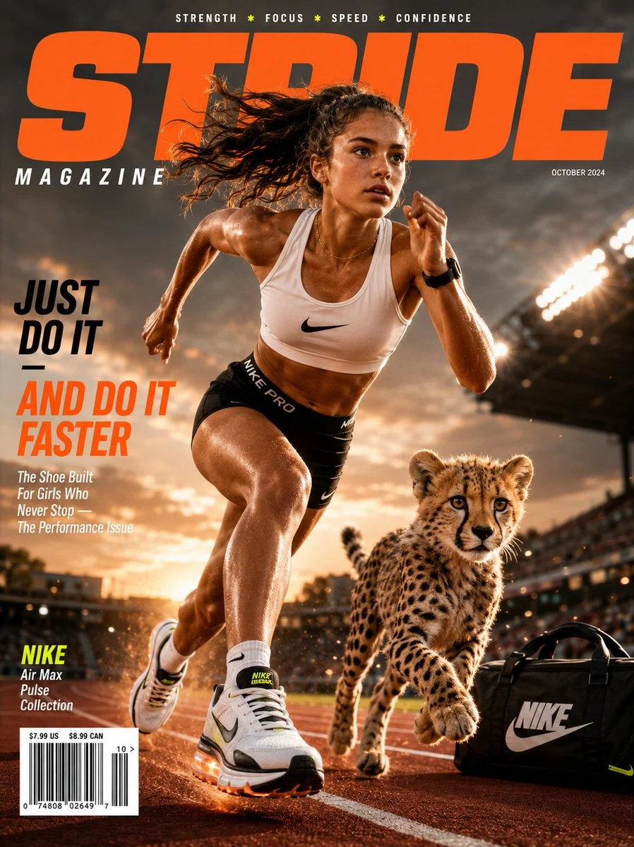 A powerful girl sprints with a cheetah cub in Nike Air Max