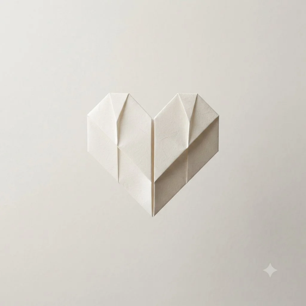A pristine origami heart floats against a clean neutral backdrop