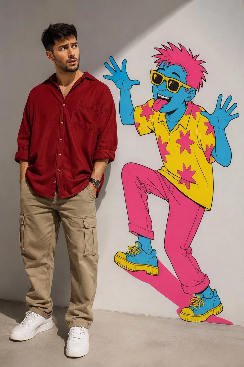 A puzzled man in red shirt casts a cartoon shadow