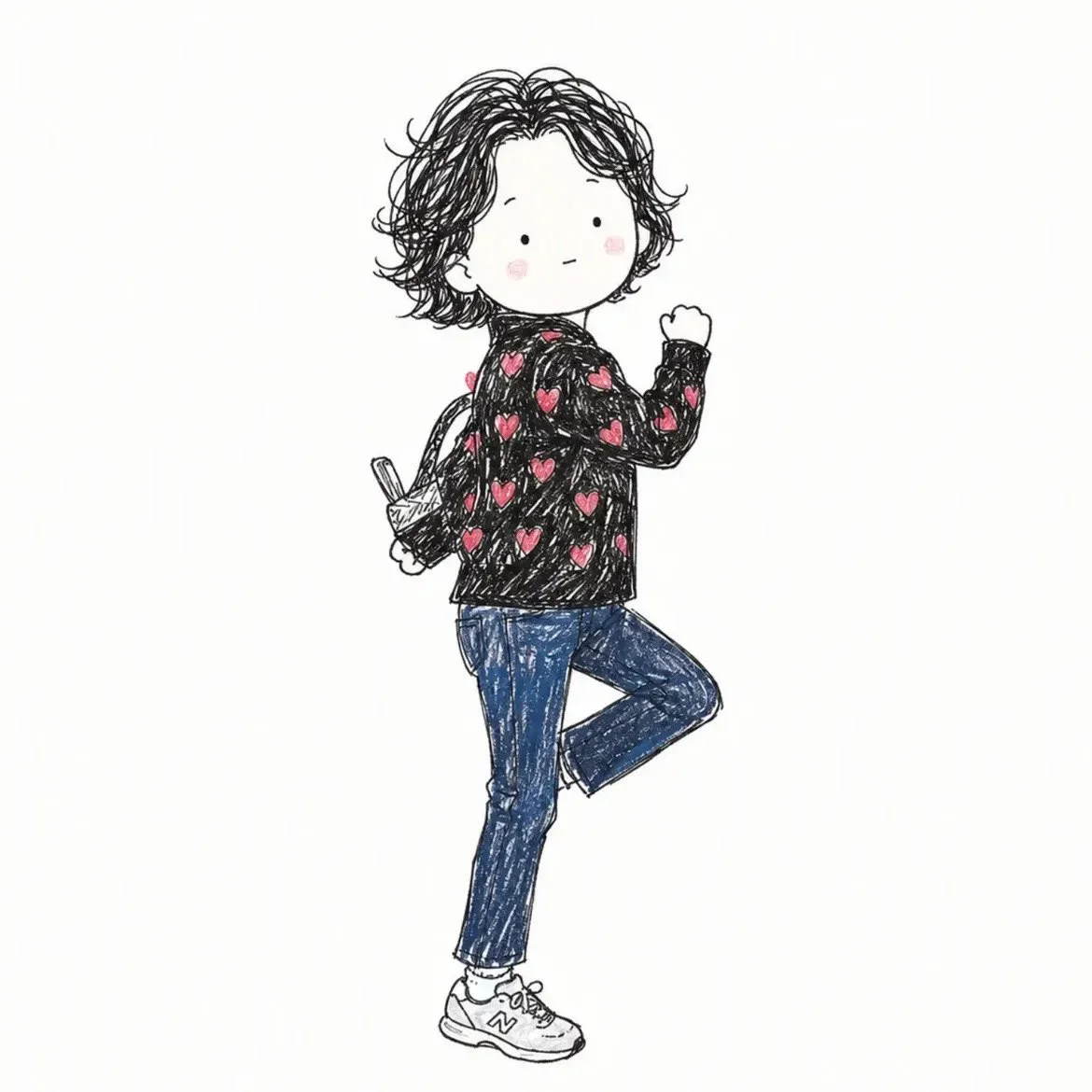 A quirky doodle girl with oversized head and rosy cheeks