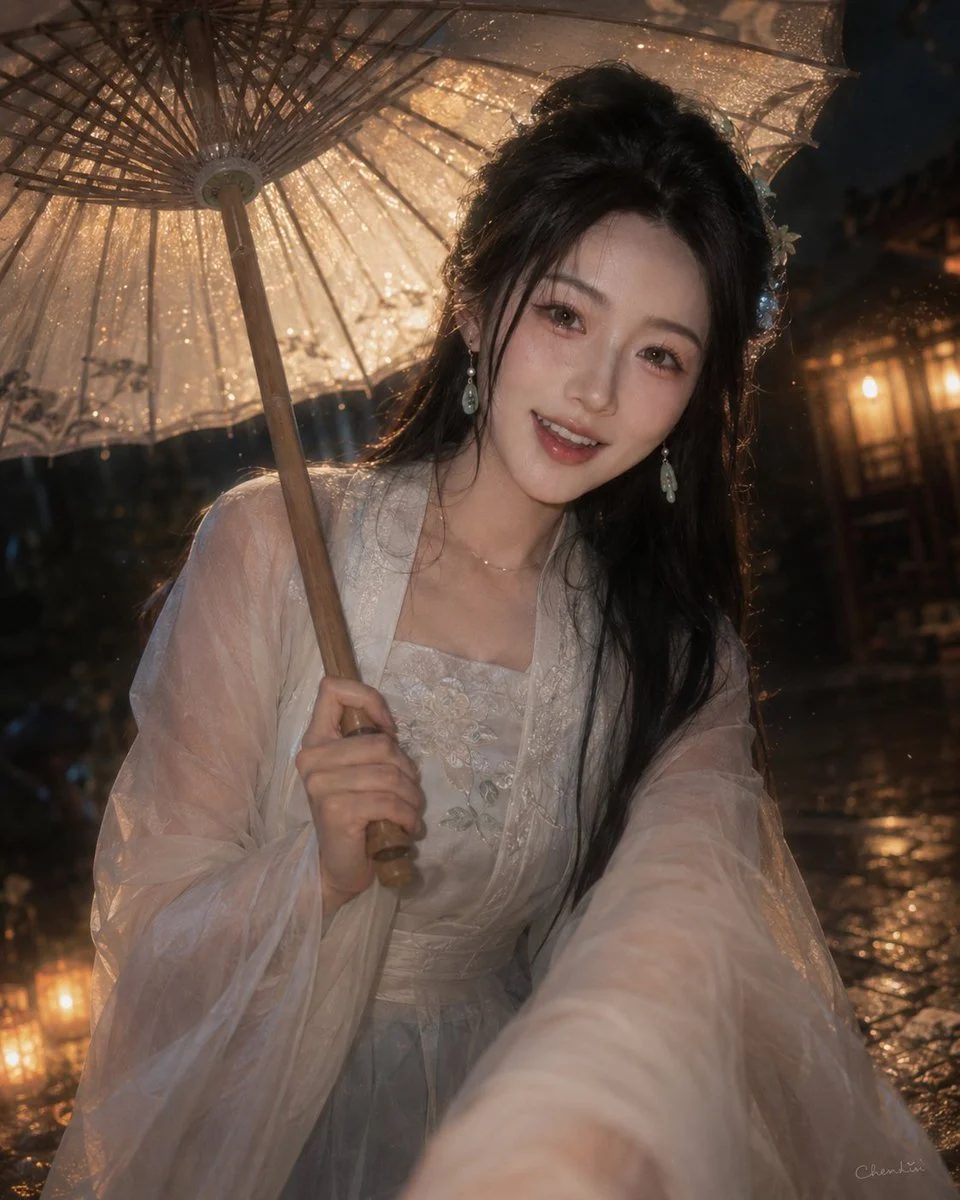 A rainy night portrait of a smiling woman sharing her umbrella