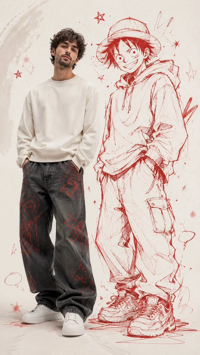A real man stands beside a red ink anime character in a mixed-media portrait.