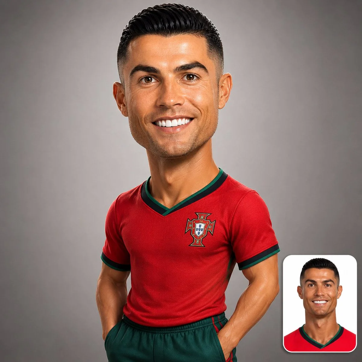 A realistic 3D caricature with oversized head and confident pose