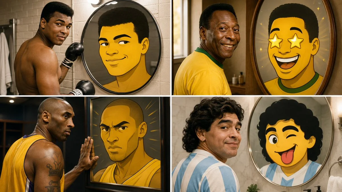 A realistic athlete peers into a mirror reflecting a giant emoji