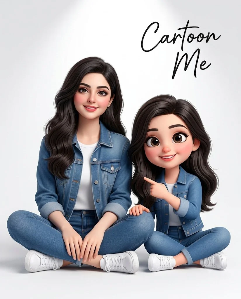 A realistic person sits next to their cartoon self on a white floor