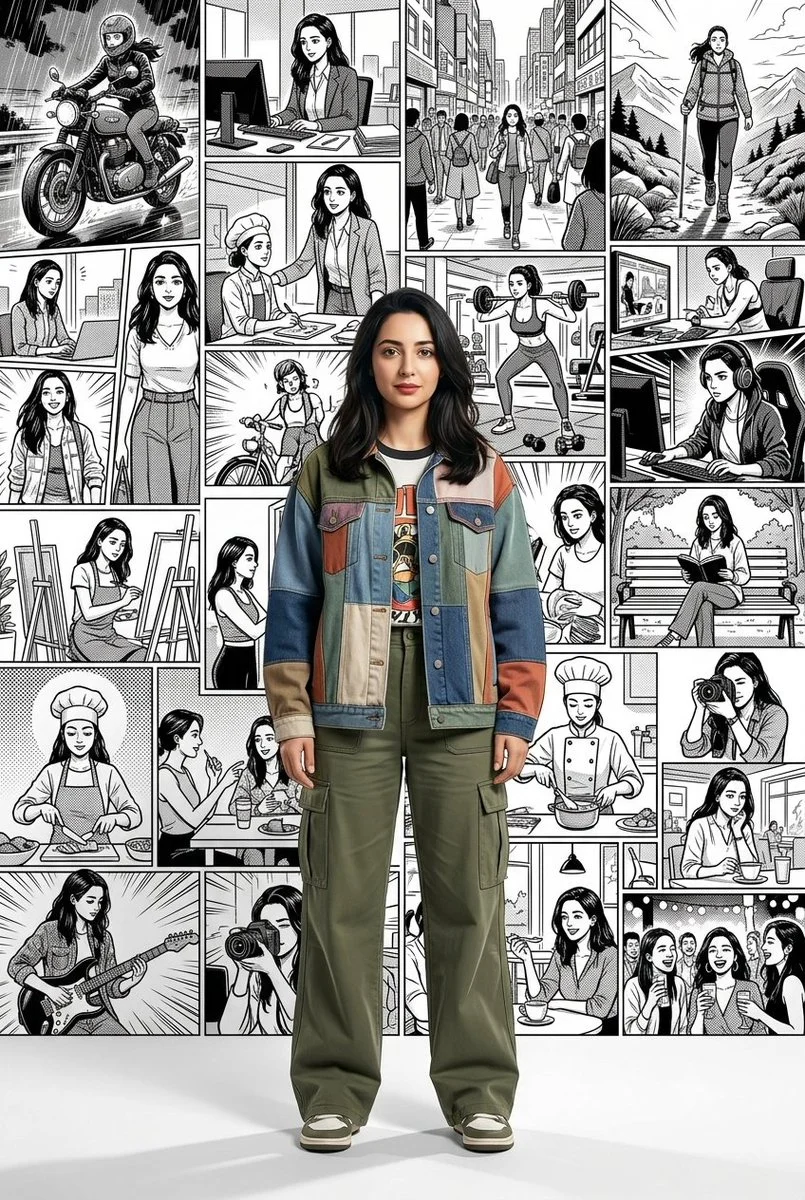 A realistic portrait stands before a manga collage of alternate selves