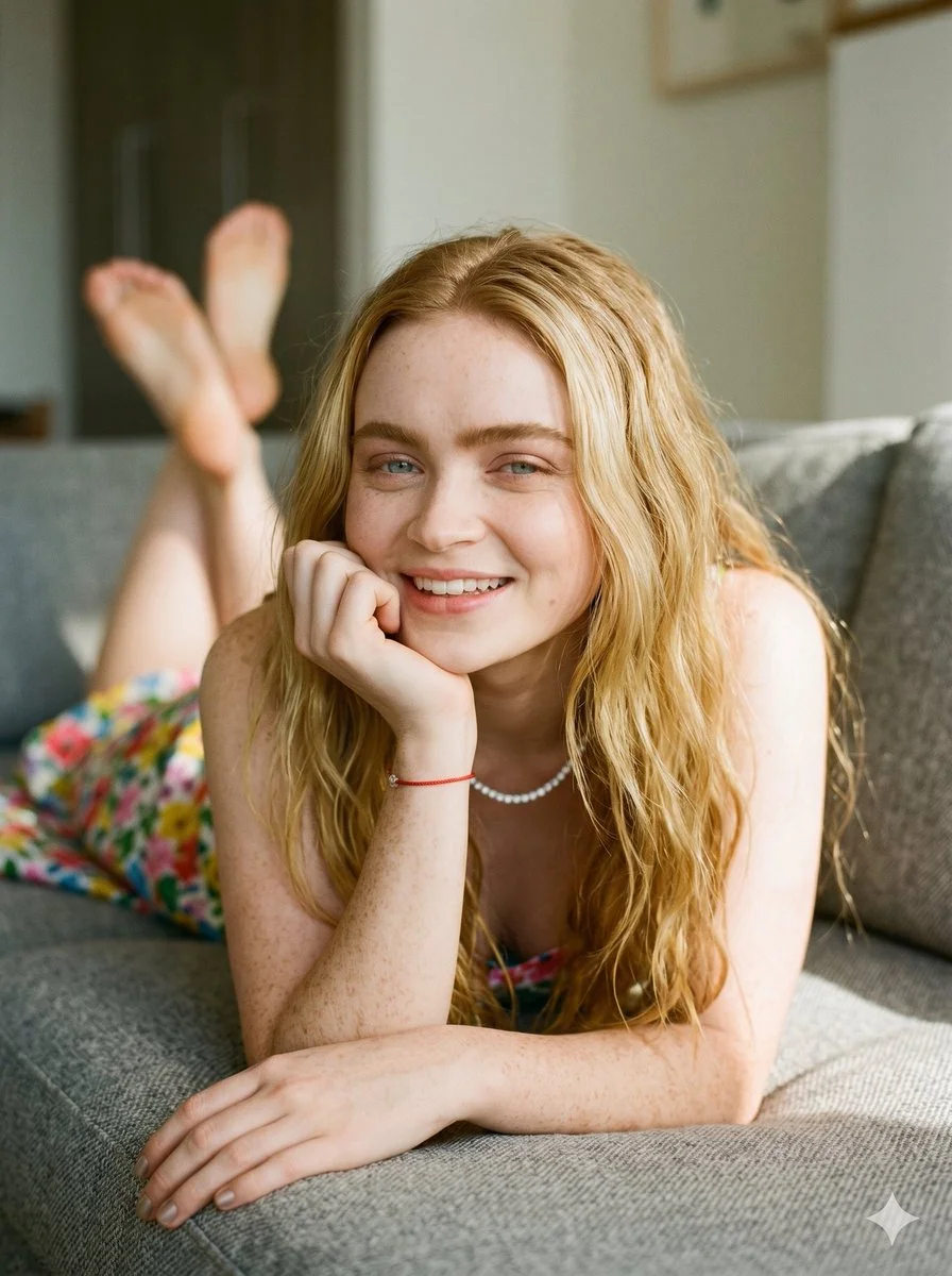 A red-haired woman smiles warmly on a grey sofa.