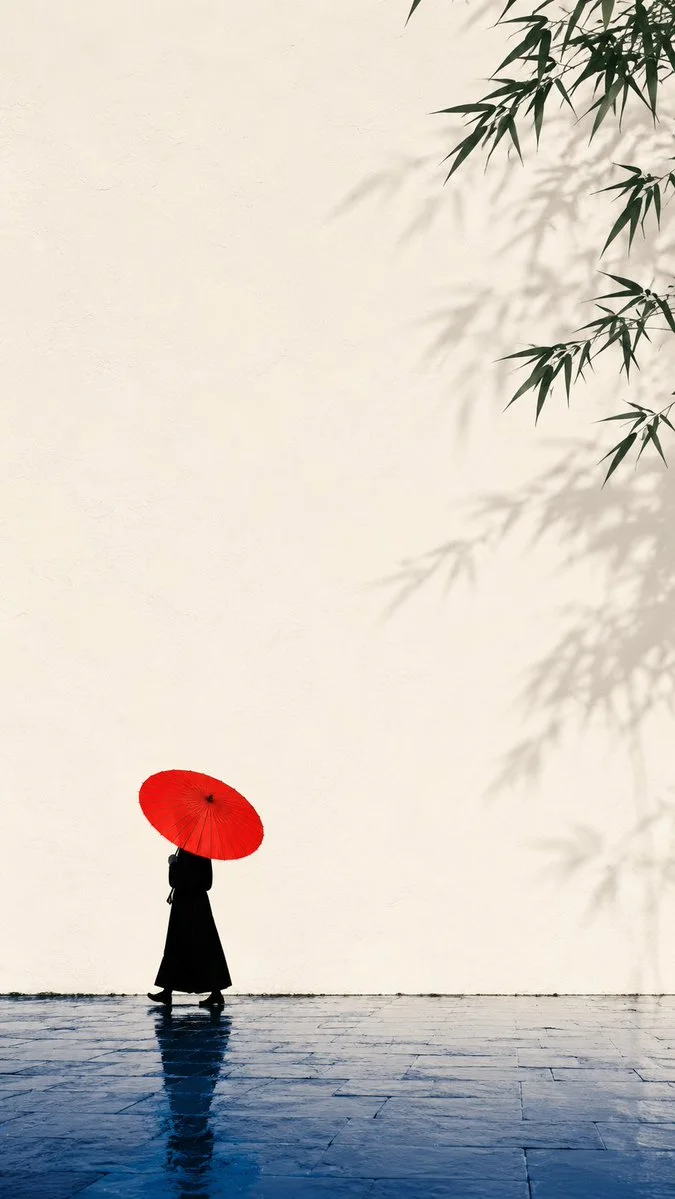 A red oil-paper umbrella glows against a warm white wall after rain