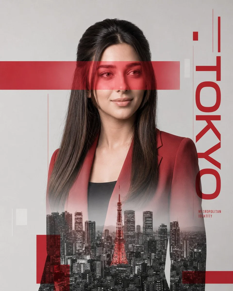A refined portrait merges a city skyline with Swiss graphic design
