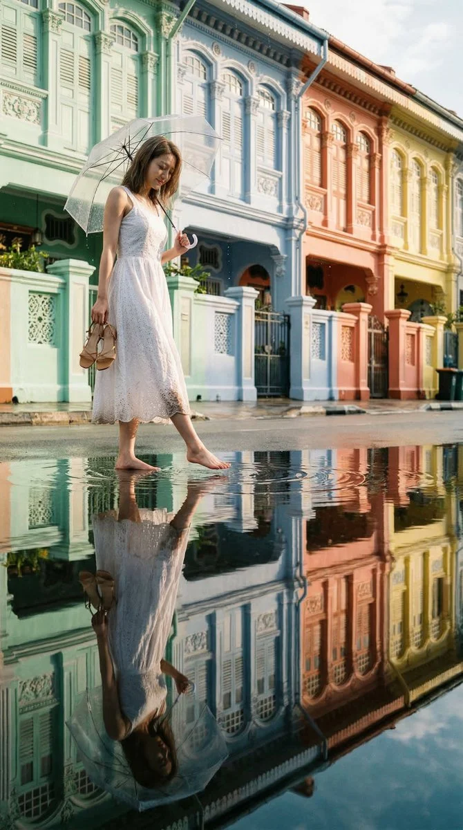 A Reflection of Joo Chiat: Pastel Shophouses in Puddle