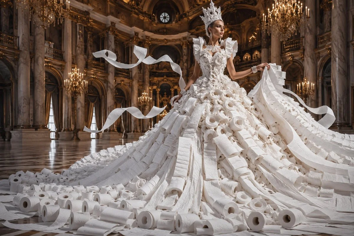 A regal model wears a sculpted toilet paper gown in a palace
