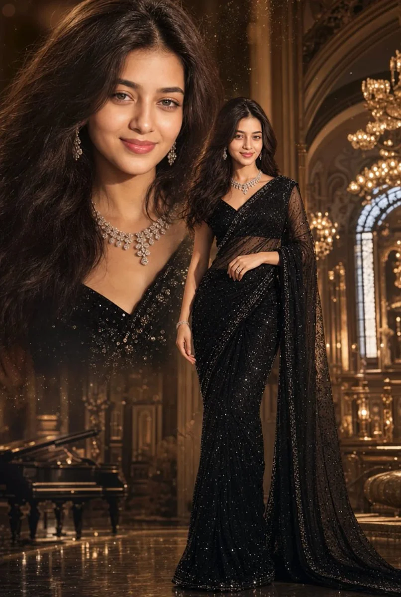 A regal woman in a sequined saree poses inside a palace