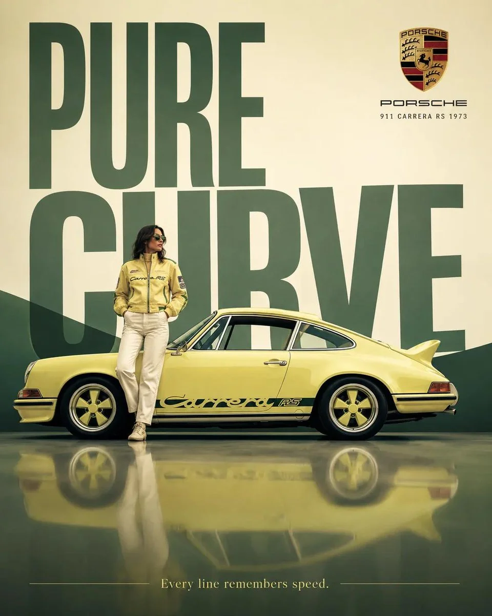 A retro Porsche 911 glides beside a confident driver in neon light